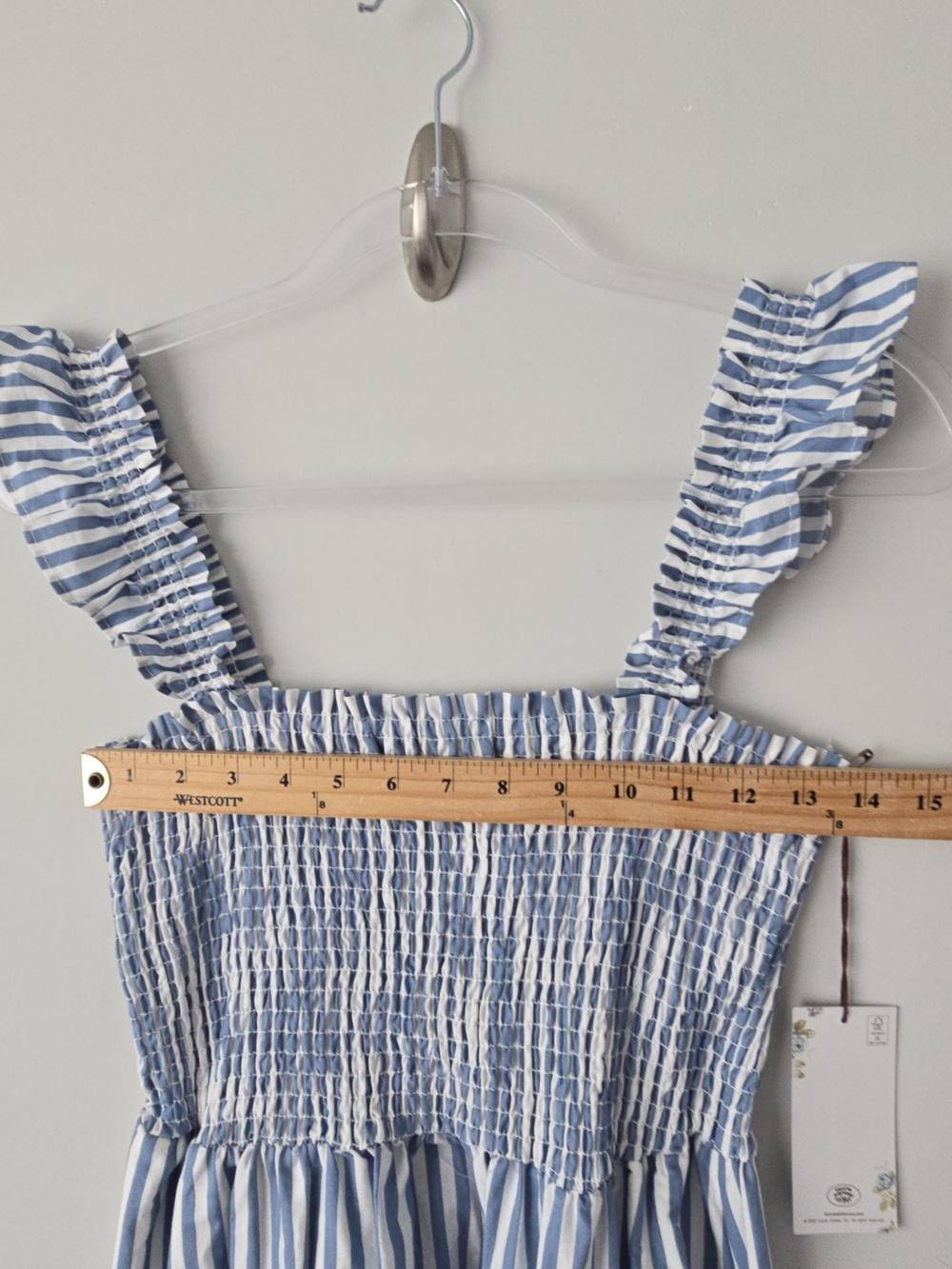 Laura Ashley Smoked Striped Midi Dress S Ruffle Sleeves Blue NWT - Picture 7 of 8